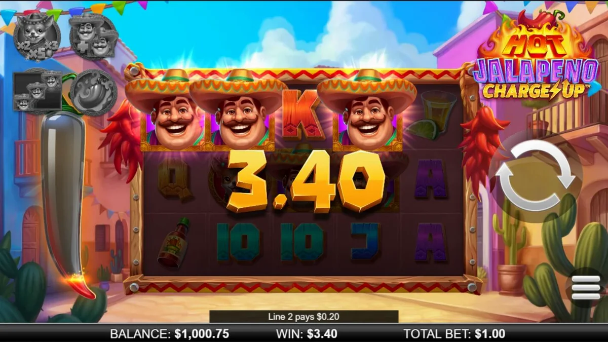 Giao diện trò chơi slot Hot Jalapeño Charge Up với phong cách lễ hội Mexico rực rỡ