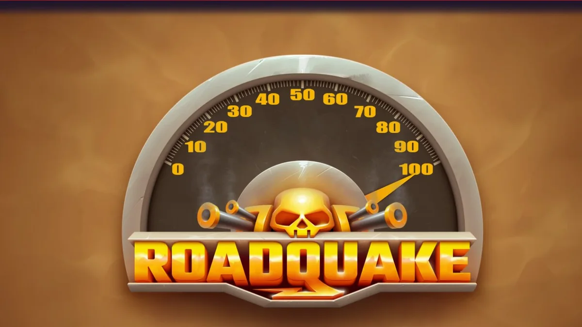 Giao diện trò chơi slot Roadquake với phong cách hậu tận thế và các biểu tượng vũ khí