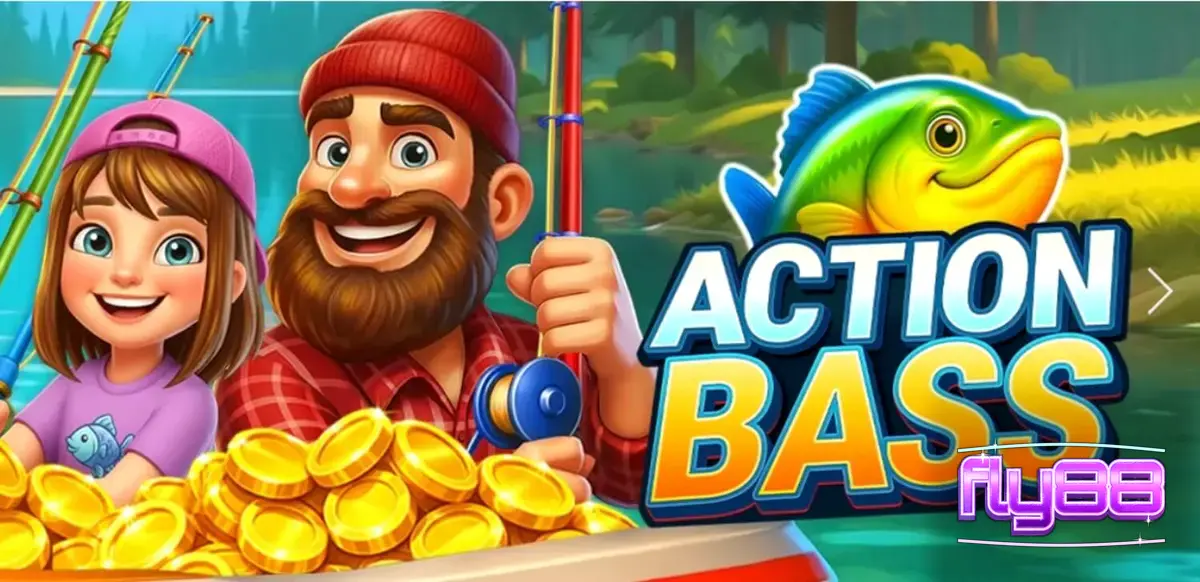 Giao diện trò chơi slot Action Bass với hình ảnh gia đình đi câu cá